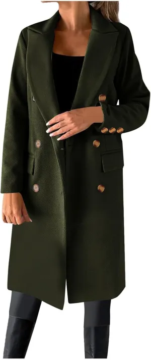 NATHGAM Winter Coats for Women Double Breasted Wool Blend Pea Coats Elegant Notched Long Trench Coat Blazer Jackets Outwear
