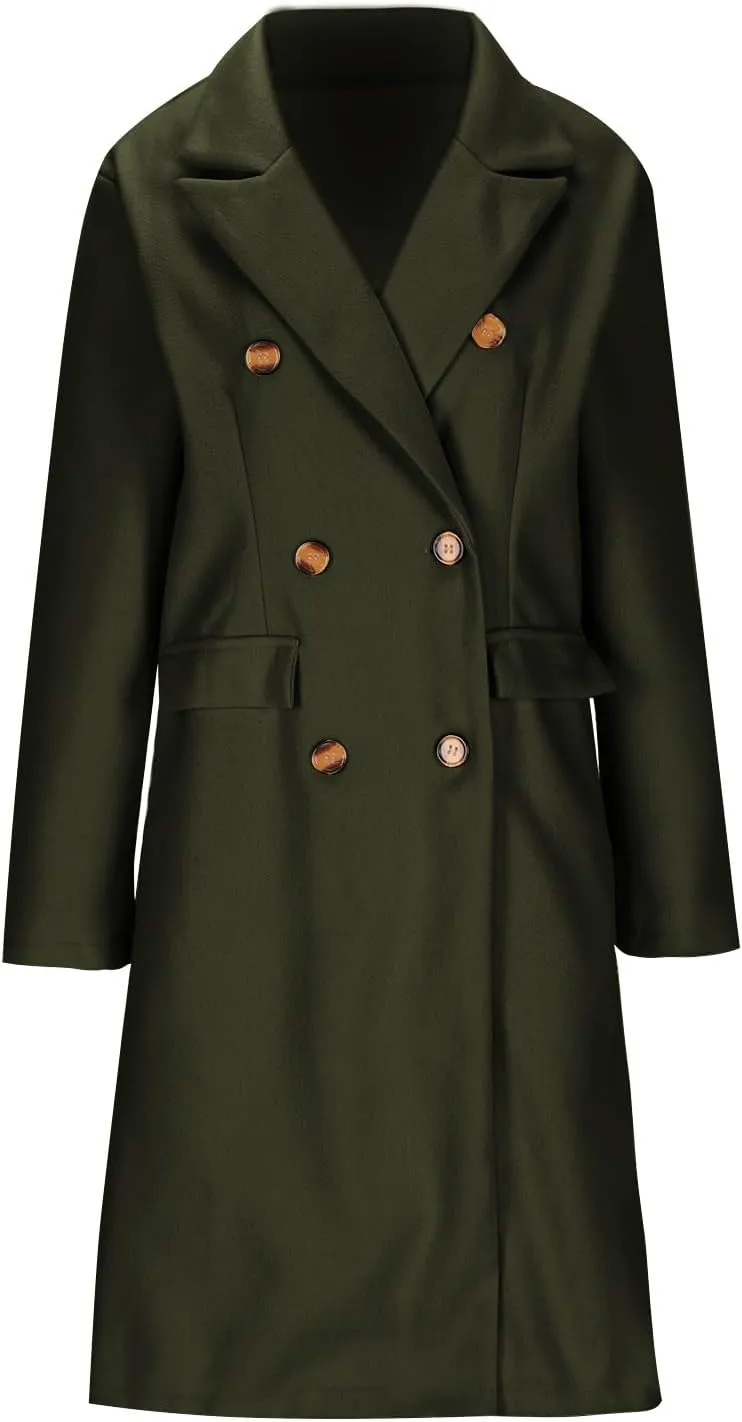 NATHGAM Winter Coats for Women Double Breasted Wool Blend Pea Coats Elegant Notched Long Trench Coat Blazer Jackets Outwear