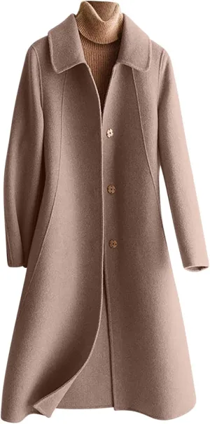 NATHGAM Women's Winter Coat Casual Trendy Elegant Coat Lapel Single Breasted Long Wool Coat Thick Formal Office Wool Overcoat