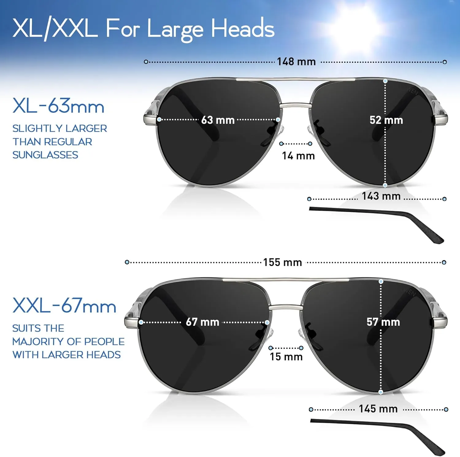 Olwen XXL Aviator Sunglasses For Large Heads (Polarized), Extra Large, Big and Tall, XL   Free Hard Case