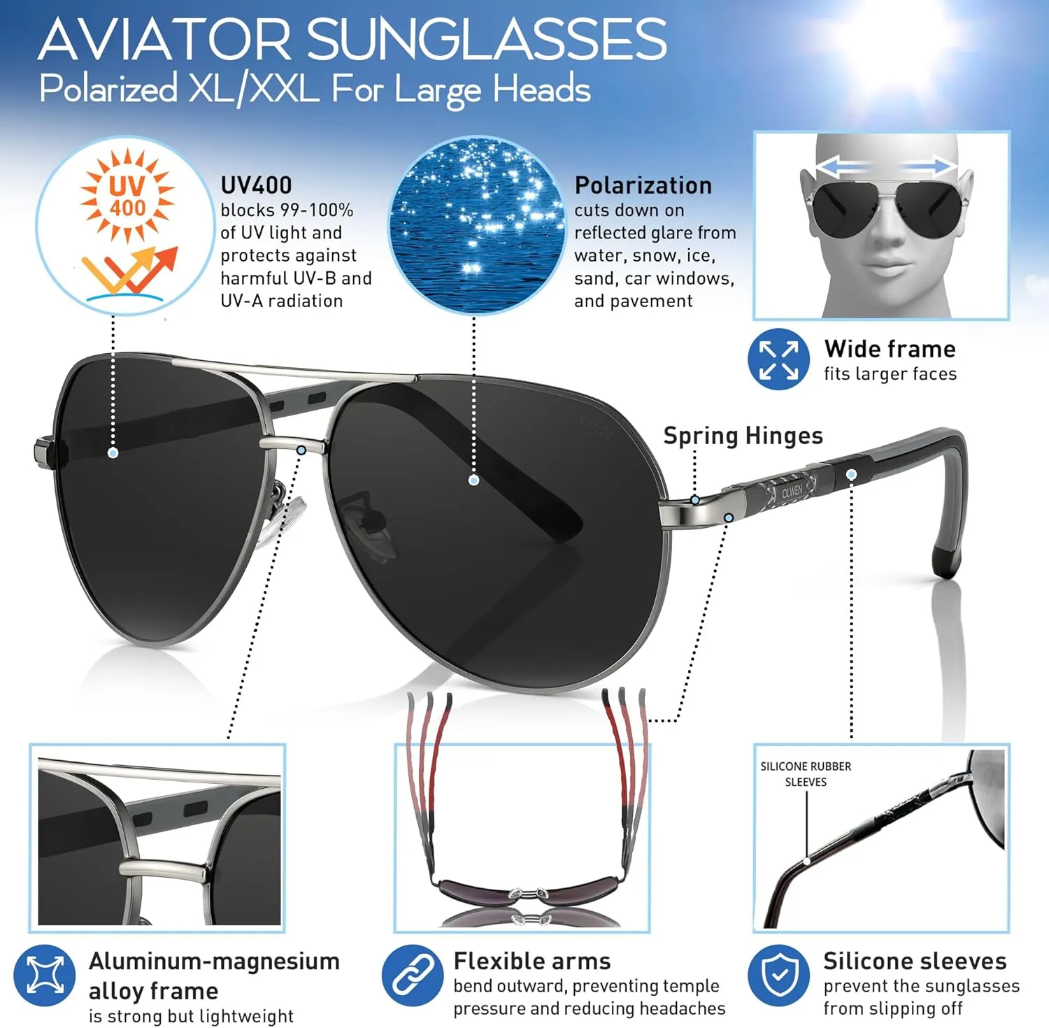 Olwen XXL Aviator Sunglasses For Large Heads (Polarized), Extra Large, Big and Tall, XL   Free Hard Case