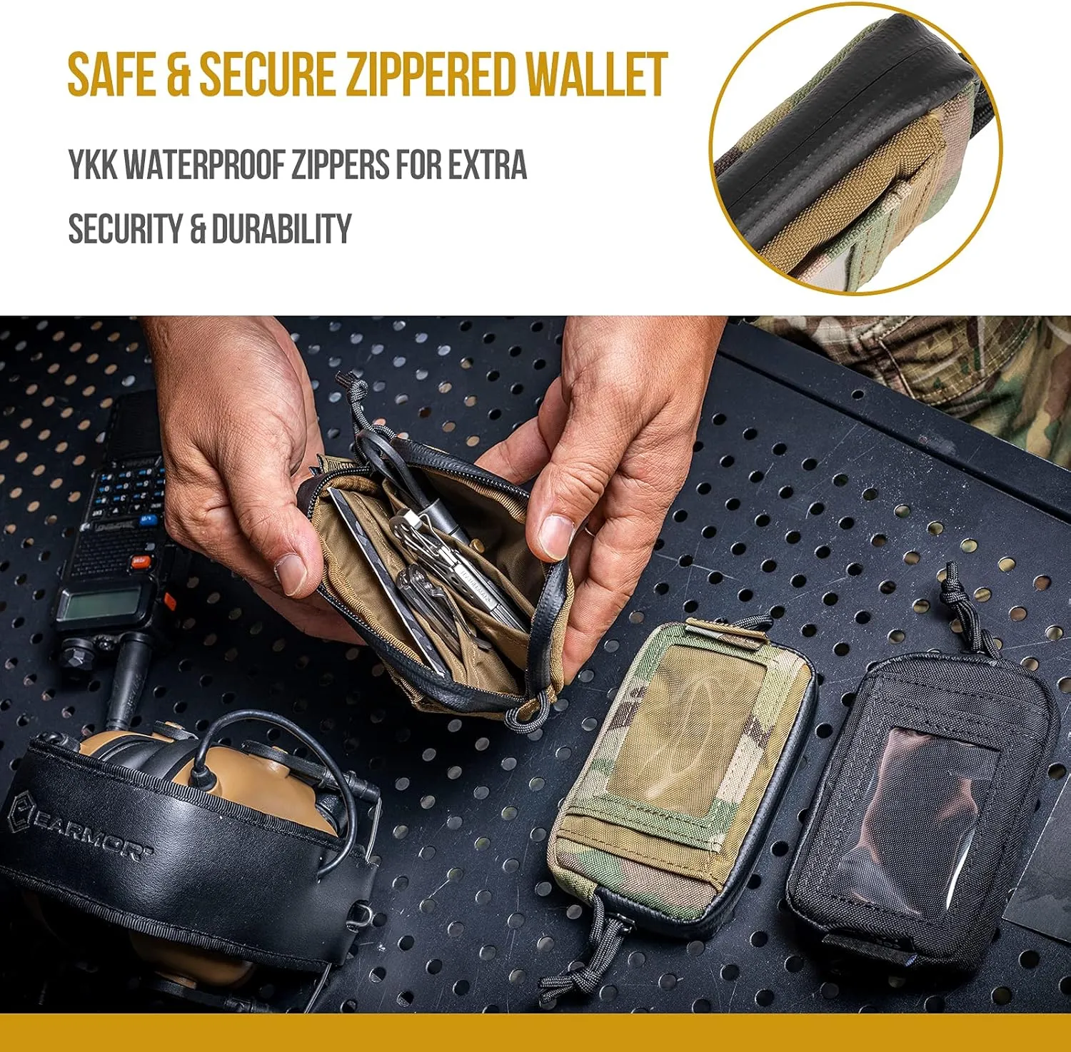 OneTigris Tactical Front Pocket Wallet with Zippers Coin Purse Minimalist Wallet for Men