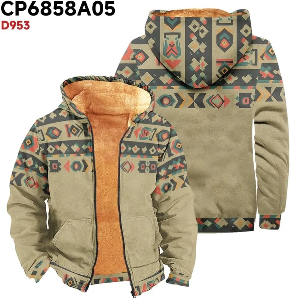 Outerwear for Men Western Aztec Ethnic Graphic Coat Sherpa Lined Thick Warm Winter Coats
