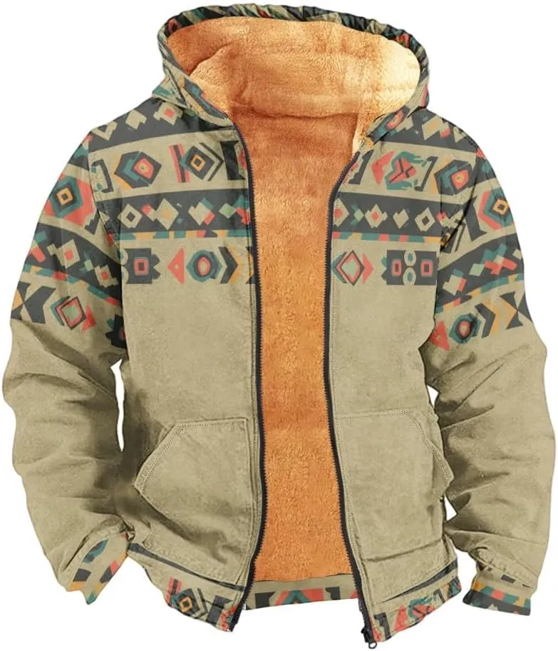 Outerwear for Men Western Aztec Ethnic Graphic Coat Sherpa Lined Thick Warm Winter Coats