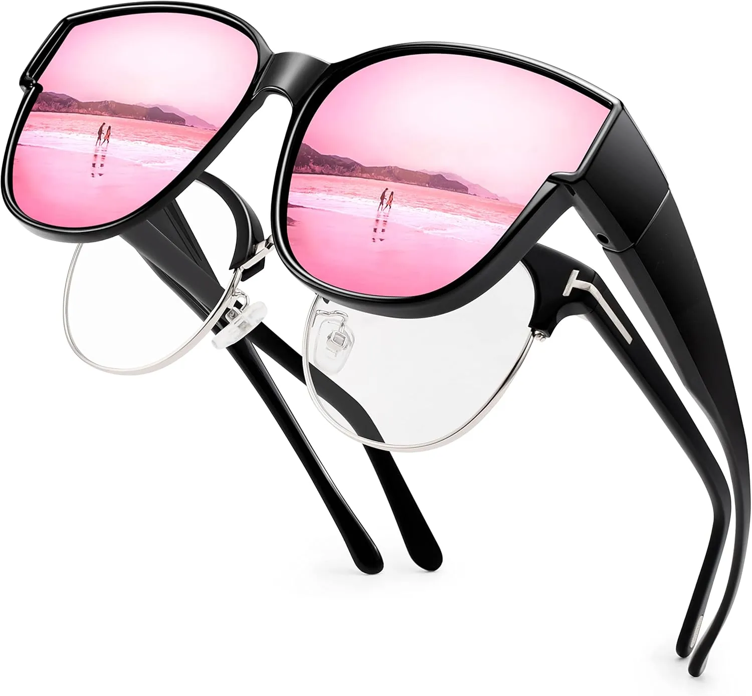 Over Glasses Sunglasses for Women Men, Polarized UV Protection, Large Round Cat Eye Oversized Solar Shield Fits Over