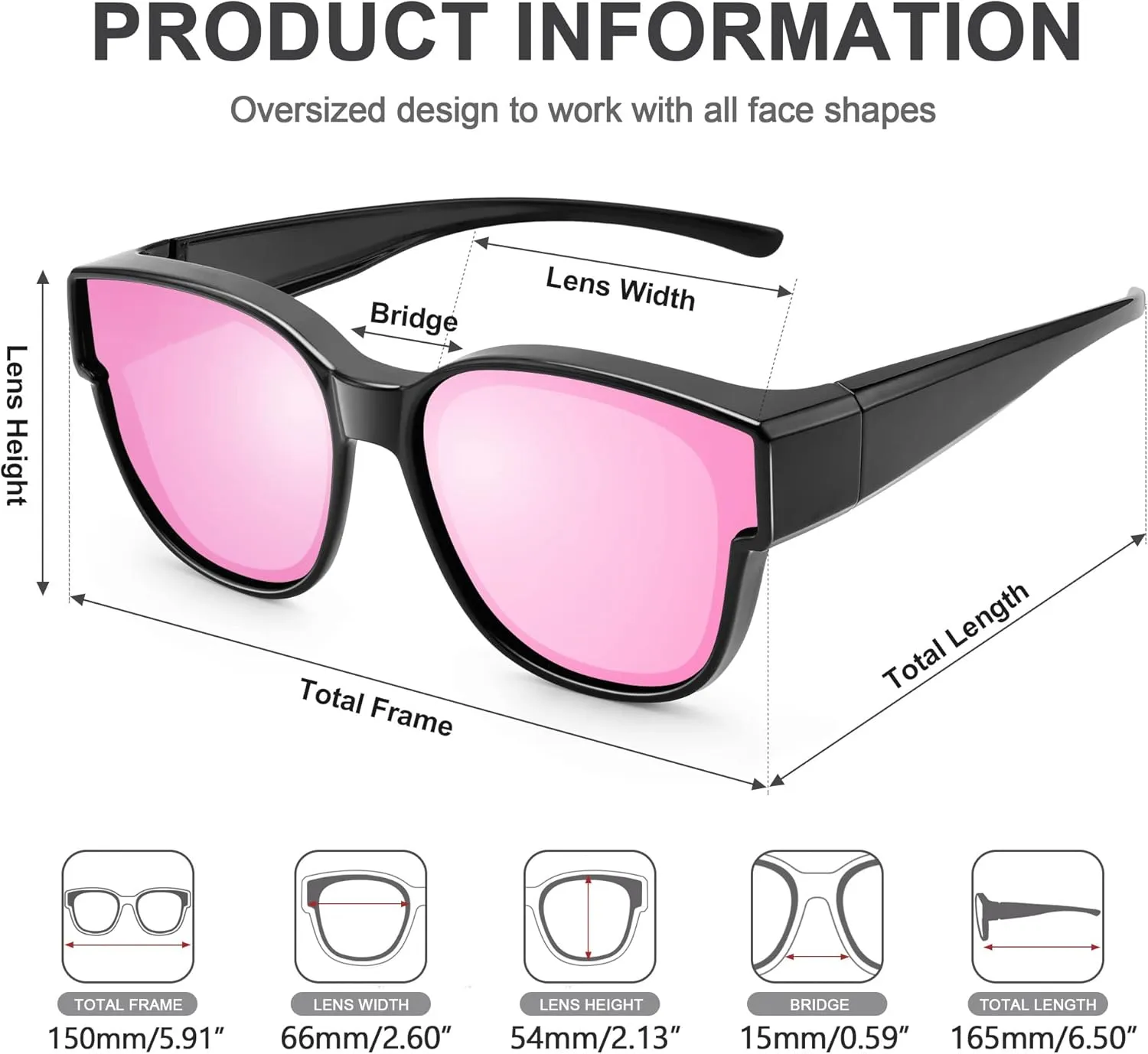 Over Glasses Sunglasses for Women Men, Polarized UV Protection, Large Round Cat Eye Oversized Solar Shield Fits Over
