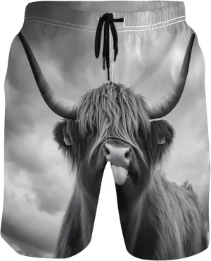 Personalized Men Swim Trunks Funny Mystic Highland Cow Monochrome Swimming Board Shorts Bathing Suit with Liner S