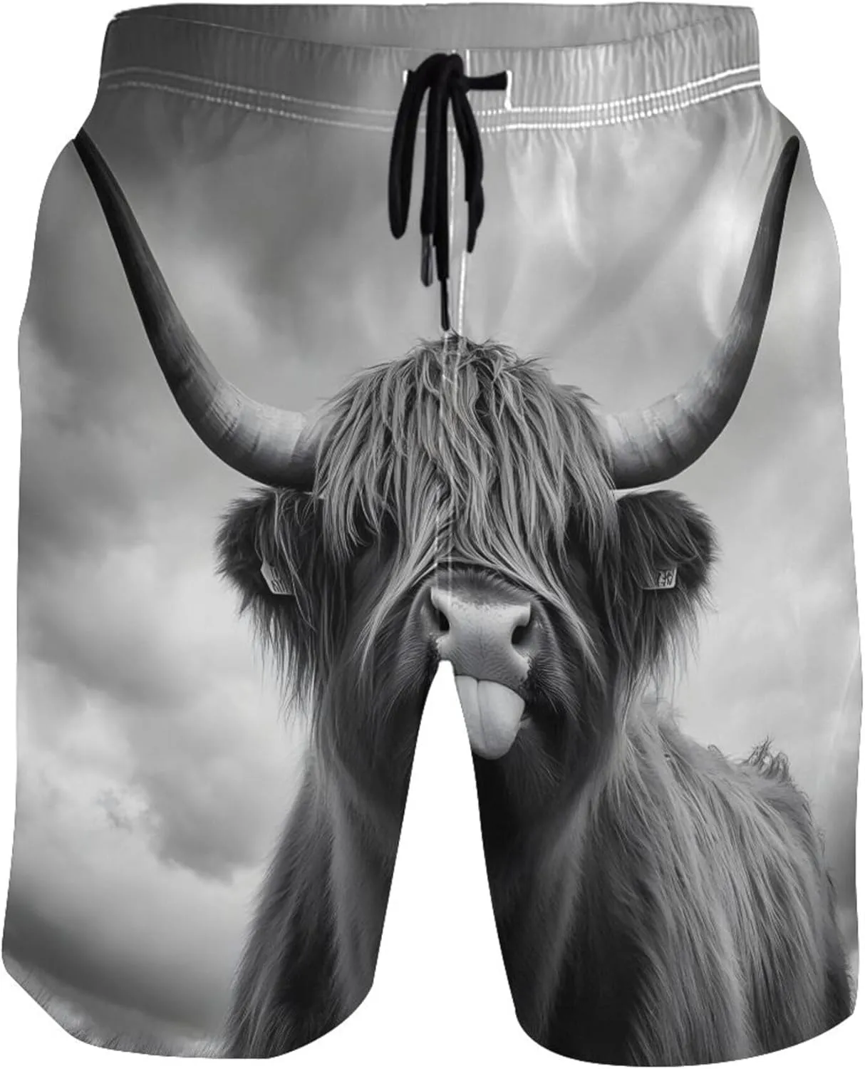 Personalized Men Swim Trunks Funny Mystic Highland Cow Monochrome Swimming Board Shorts Bathing Suit with Liner S