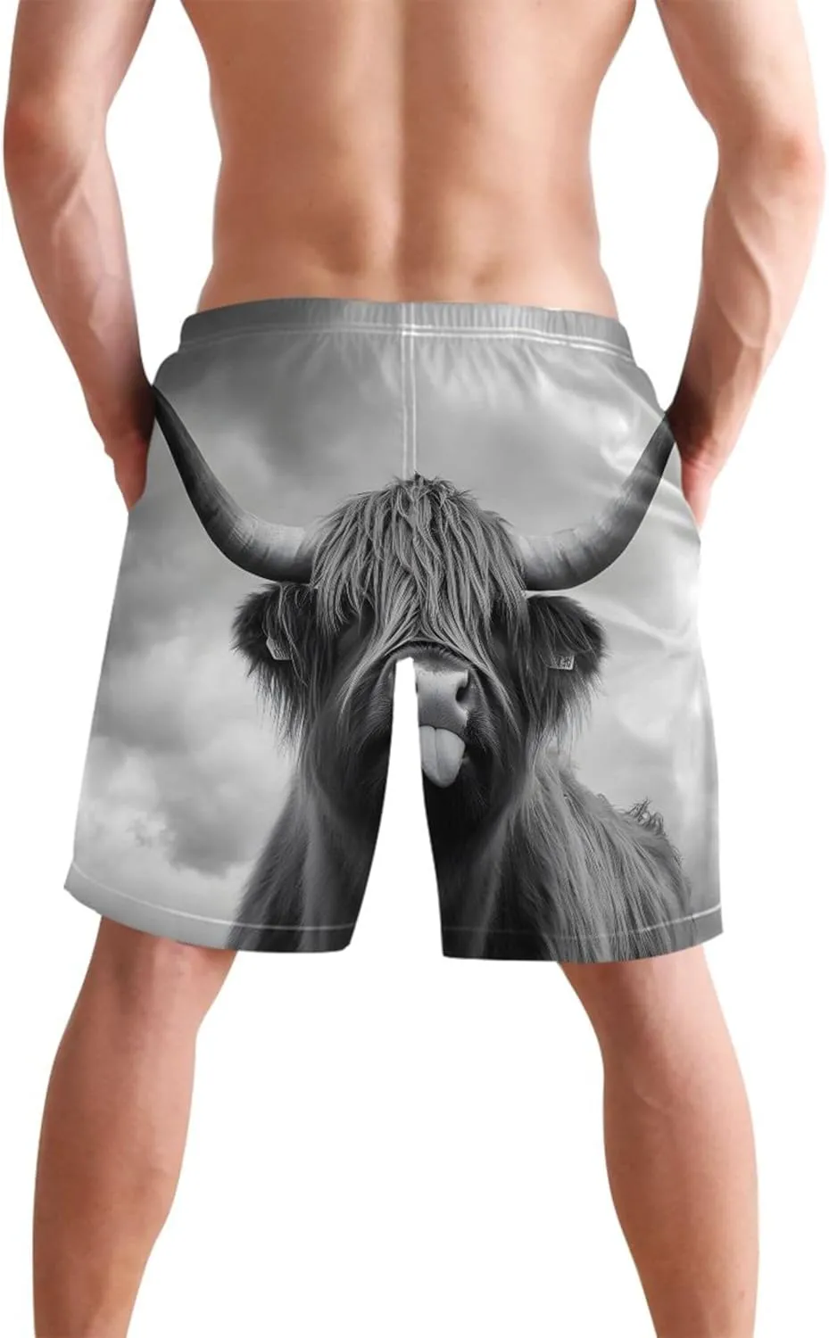 Personalized Men Swim Trunks Funny Mystic Highland Cow Monochrome Swimming Board Shorts Bathing Suit with Liner S