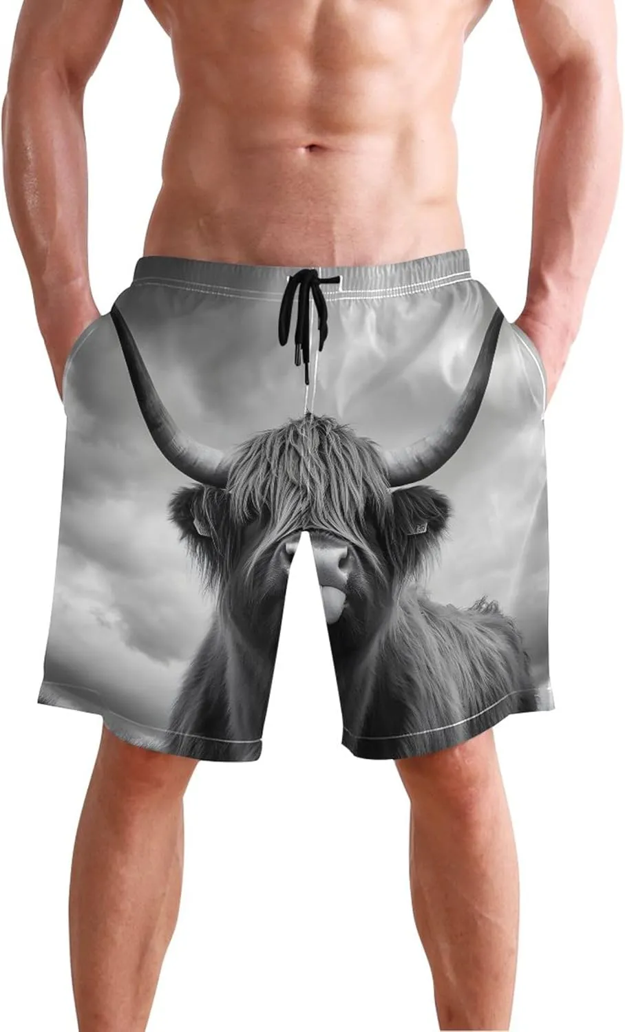 Personalized Men Swim Trunks Funny Mystic Highland Cow Monochrome Swimming Board Shorts Bathing Suit with Liner S