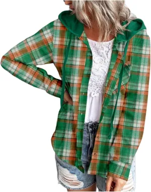 Plaid Jacket Women Flannel Shacket Casual Long Sleeve Hooded Jackets Lightweight Button Down Shirts