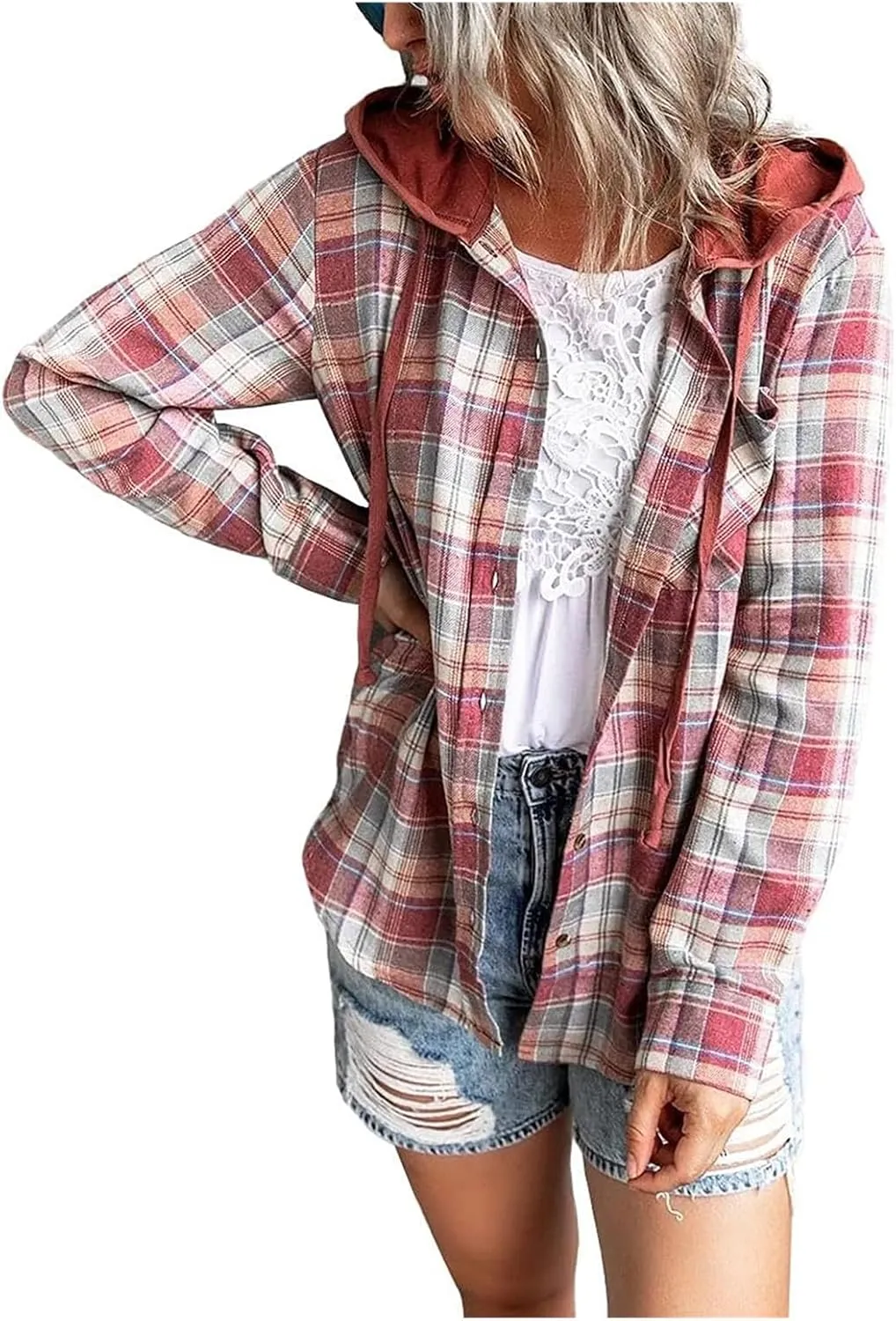 Plaid Jacket Women Flannel Shacket Casual Long Sleeve Hooded Jackets Lightweight Button Down Shirts