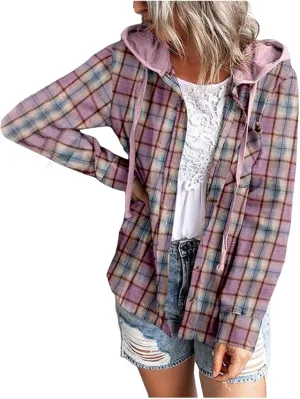 Plaid Jacket Women Flannel Shacket Casual Long Sleeve Hooded Jackets Lightweight Button Down Shirts