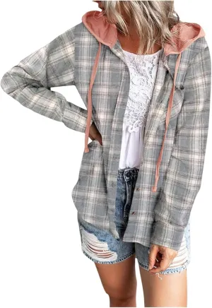 Plaid Jacket Women Flannel Shacket Casual Long Sleeve Hooded Jackets Lightweight Button Down Shirts