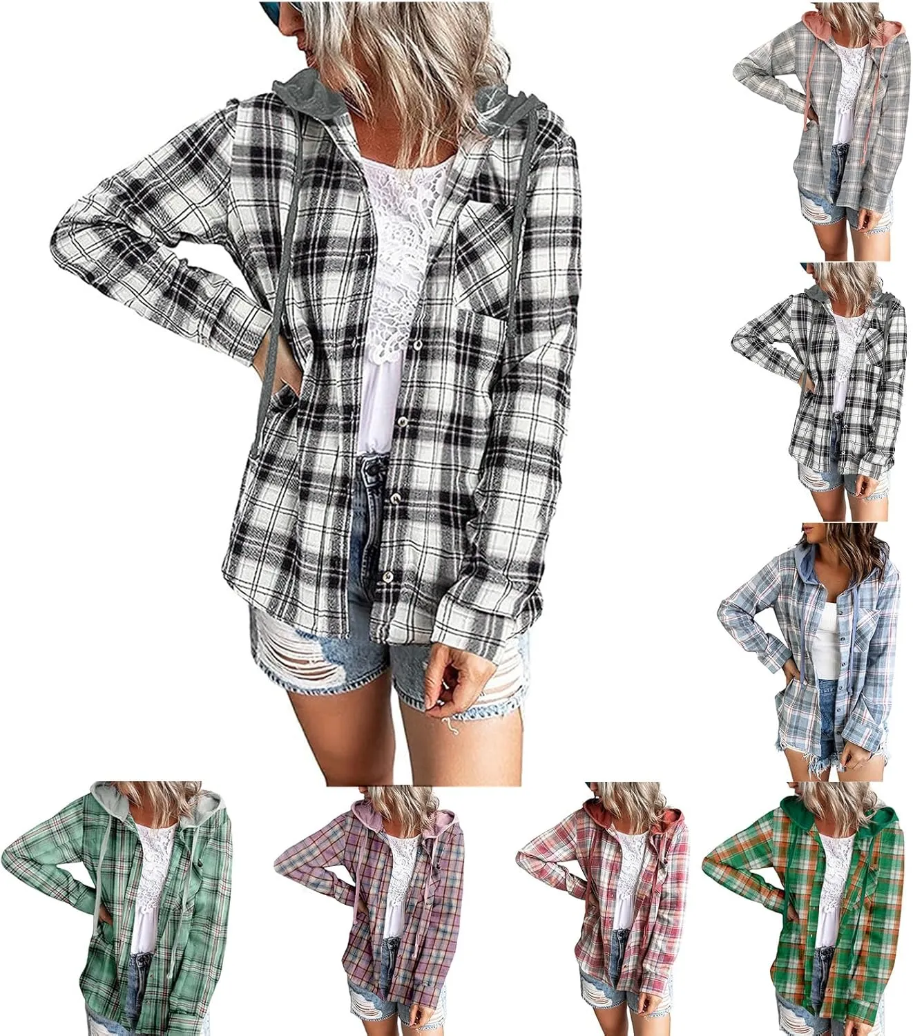 Plaid Jacket Women Flannel Shacket Casual Long Sleeve Hooded Jackets Lightweight Button Down Shirts