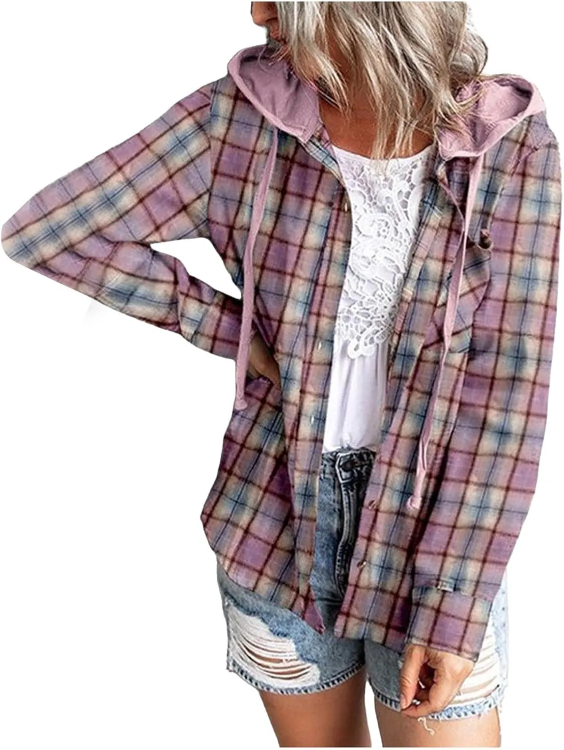Plaid Jacket Women Flannel Shacket Casual Long Sleeve Hooded Jackets Lightweight Button Down Shirts