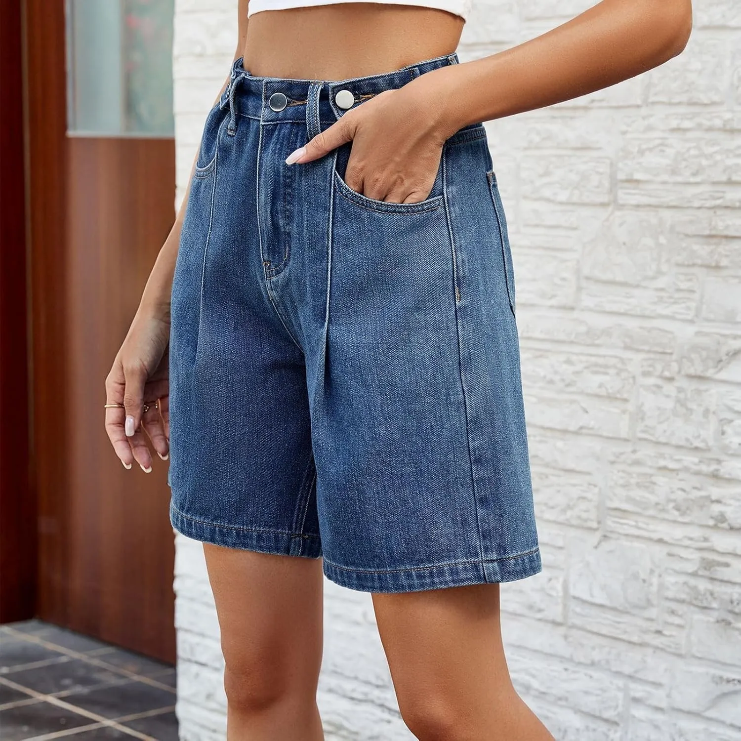 Plus Size Denim Shorts for Curvy Women - Bermuda Mid-Rise Butt Lift Summer Long Denim 5 Inch Inseam with Pockets