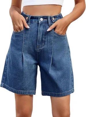 Plus Size Denim Shorts for Curvy Women - Bermuda Mid-Rise Butt Lift Summer Long Denim 5 Inch Inseam with Pockets