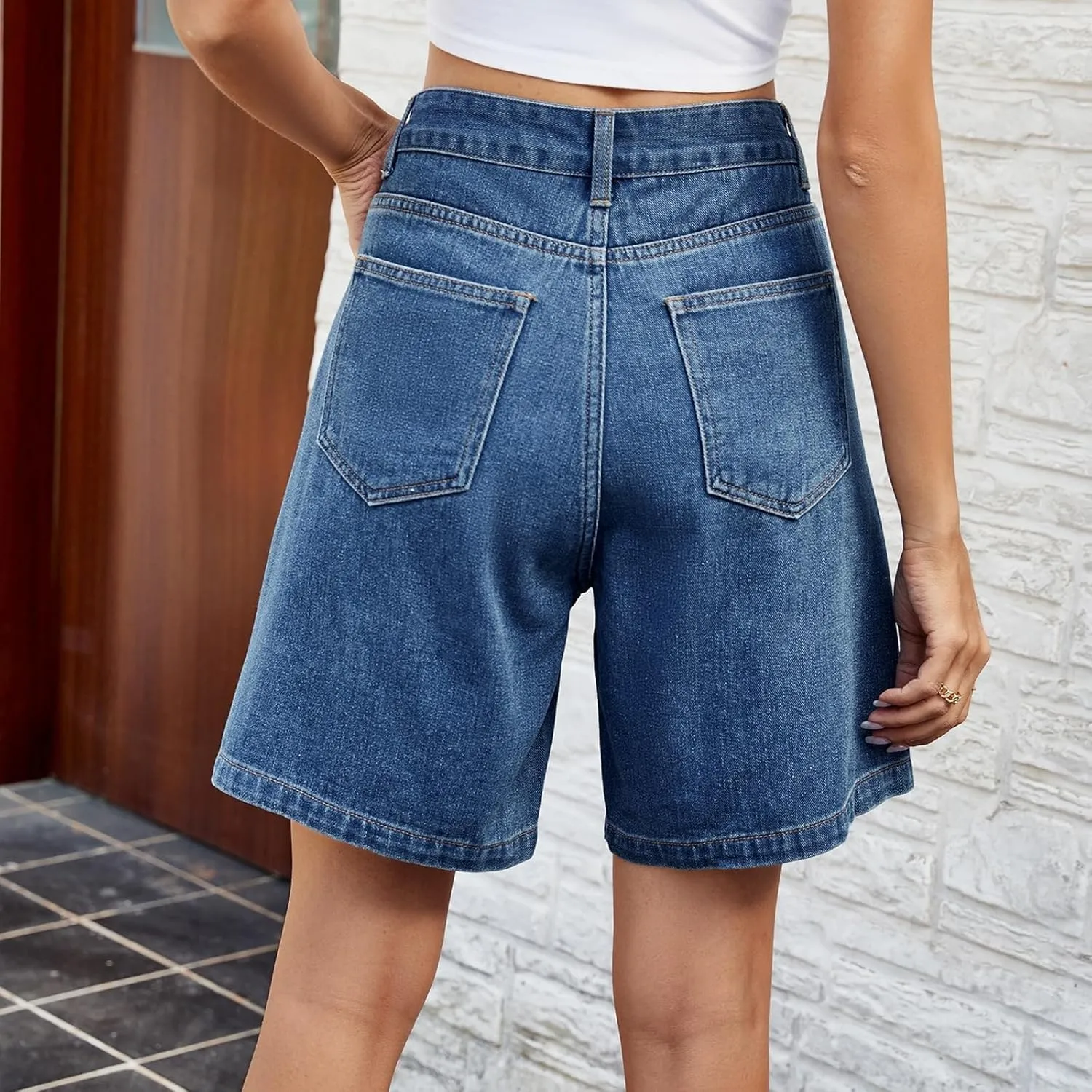 Plus Size Denim Shorts for Curvy Women - Bermuda Mid-Rise Butt Lift Summer Long Denim 5 Inch Inseam with Pockets