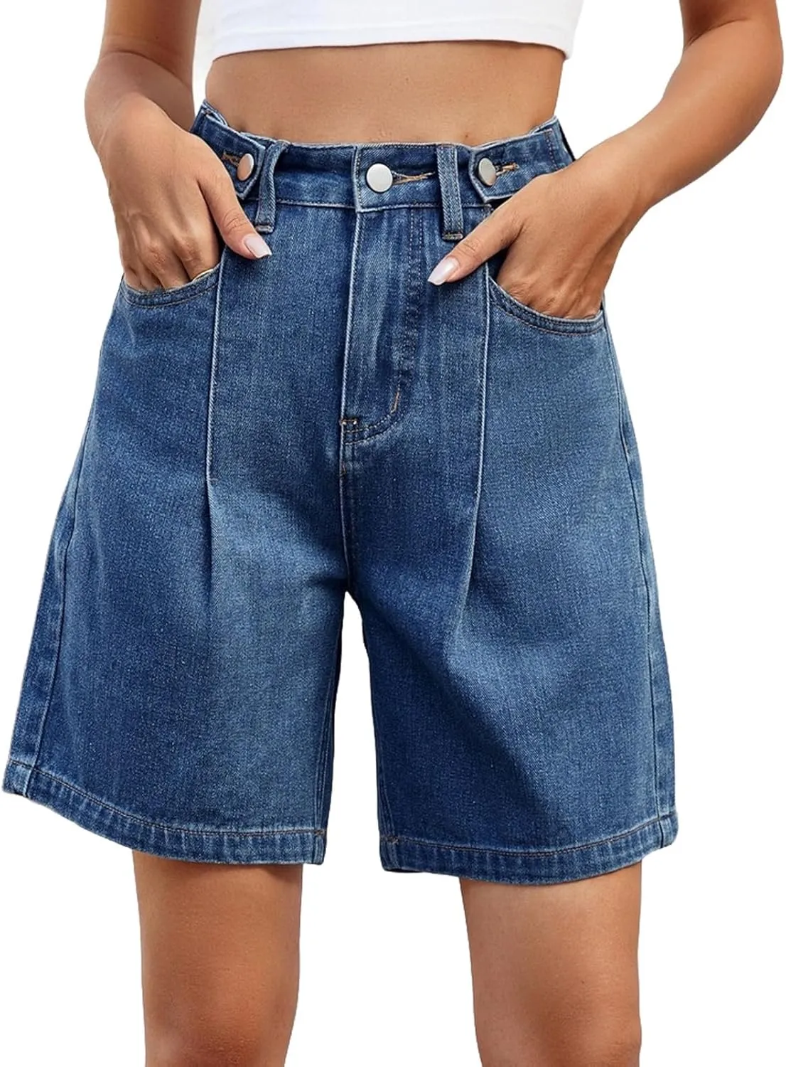 Plus Size Denim Shorts for Curvy Women - Bermuda Mid-Rise Butt Lift Summer Long Denim 5 Inch Inseam with Pockets