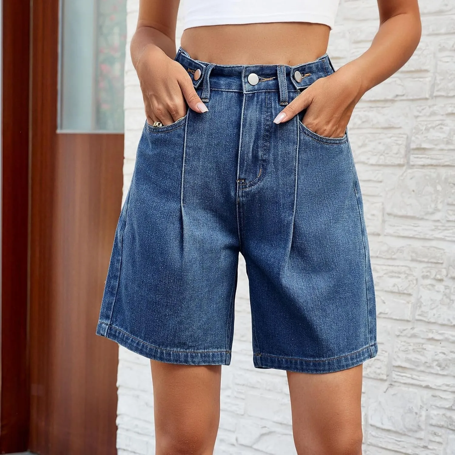 Plus Size Denim Shorts for Curvy Women - Bermuda Mid-Rise Butt Lift Summer Long Denim 5 Inch Inseam with Pockets
