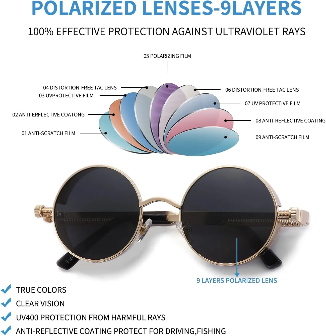 Polarized Steampunk Sunglasses, Round Lennon Shades for Outdoor Activities, Fashion Cool Eyewear