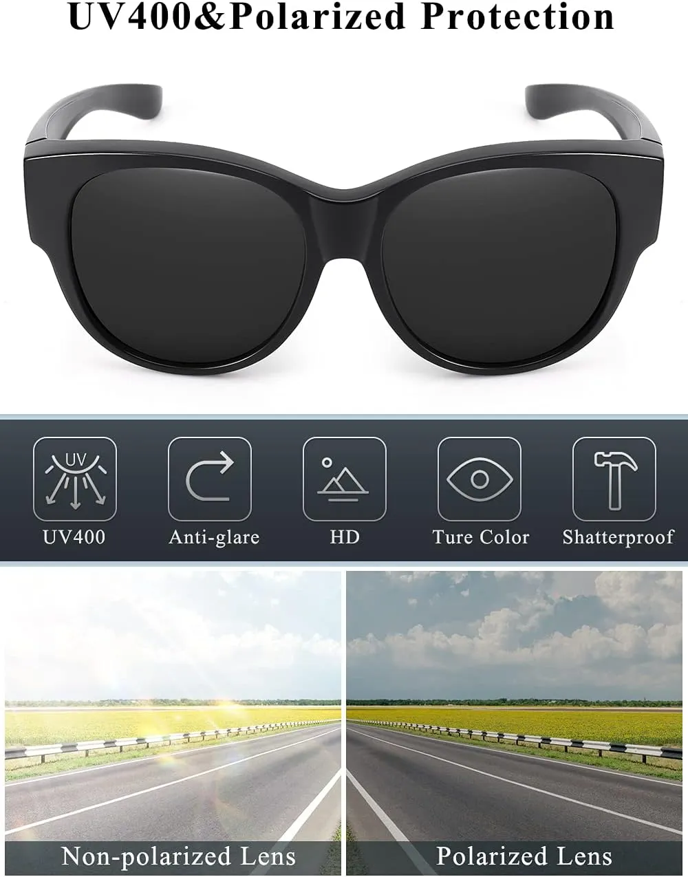 Polarized Sunglasses Fit Over Glasses Over Glasses Trendy Round Cat Eye and HD Wrap-around Sunglasses