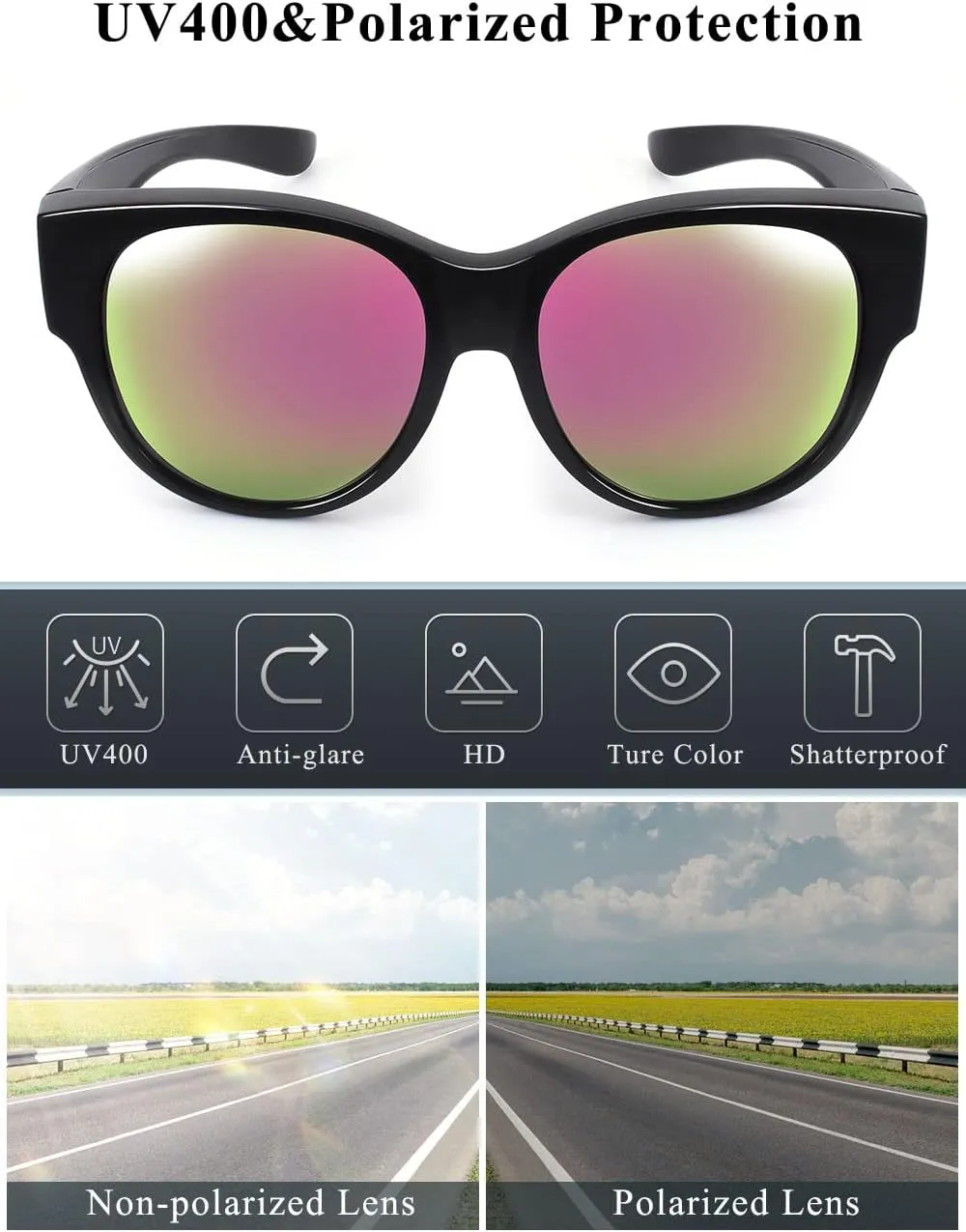 Polarized Sunglasses Fit Over Glasses Over Glasses Trendy Round Cat Eye and HD Wrap-around Sunglasses