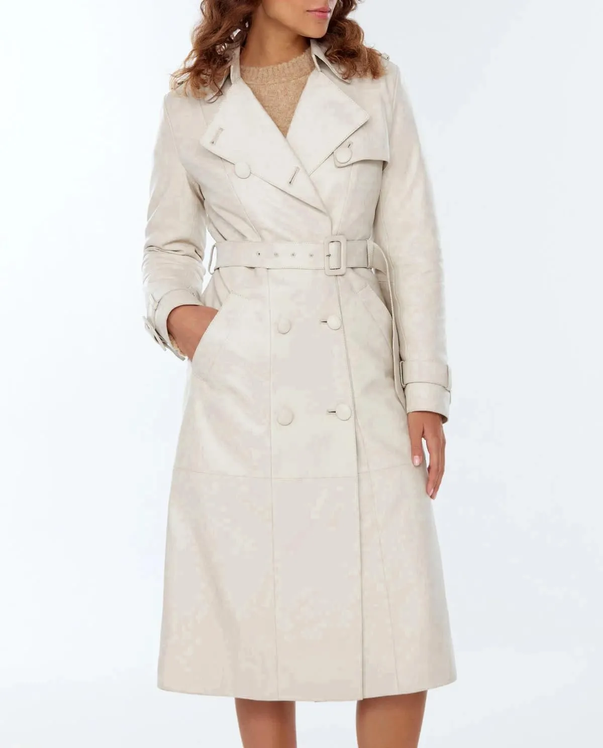 Premium Quality Women Trench Coat - Long Leather Coats For Women - Real Leather White Trench Coat