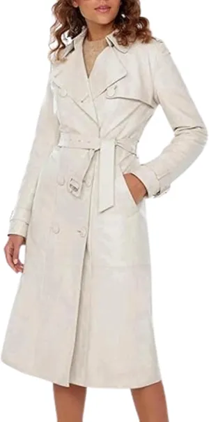 Premium Quality Women Trench Coat - Long Leather Coats For Women - Real Leather White Trench Coat