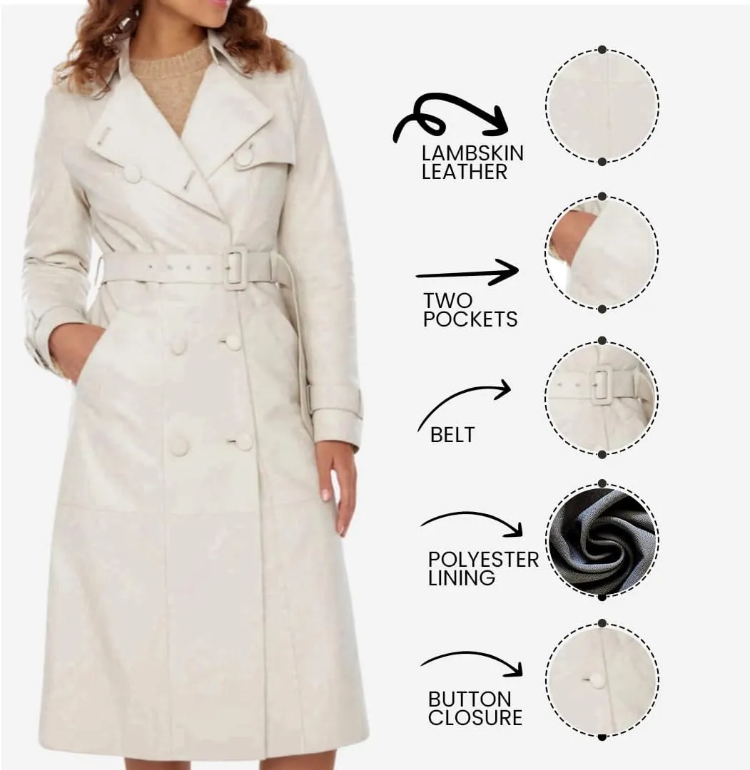 Premium Quality Women Trench Coat - Long Leather Coats For Women - Real Leather White Trench Coat