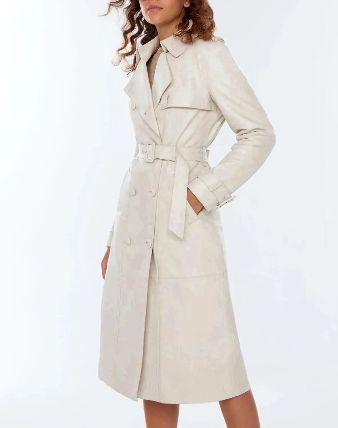 Premium Quality Women Trench Coat - Long Leather Coats For Women - Real Leather White Trench Coat
