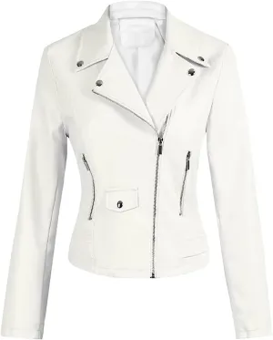 Prime of Day Deals Today 2024 Clearance Womens Faux Leather Jackets Long Sleeve Lapel Zip Slim Fit Cropped Jacket Motorcycle Biker Coat with Zipper Pockets White X-Small