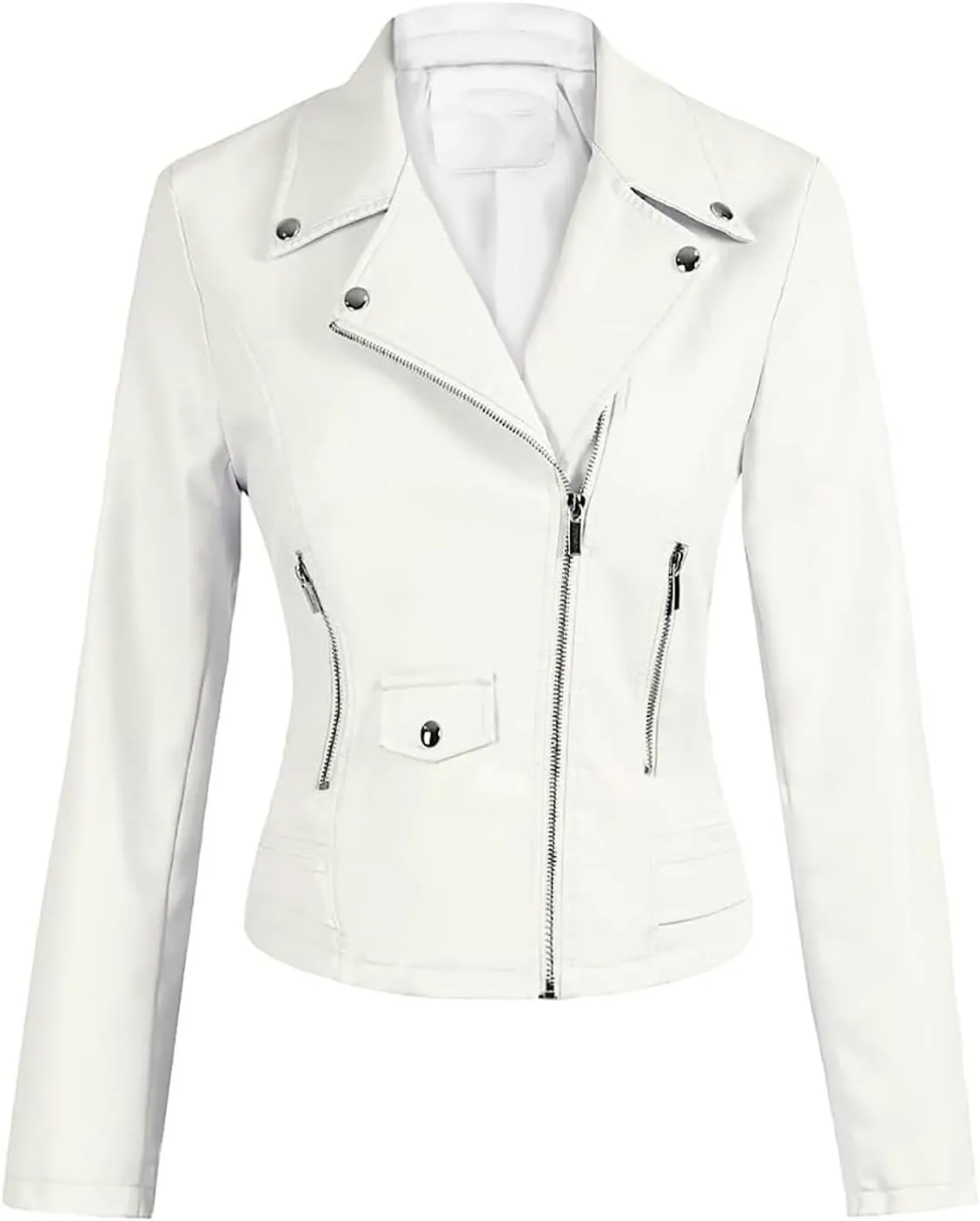 Prime of Day Deals Today 2024 Clearance Womens Faux Leather Jackets Long Sleeve Lapel Zip Slim Fit Cropped Jacket Motorcycle Biker Coat with Zipper Pockets White X-Small