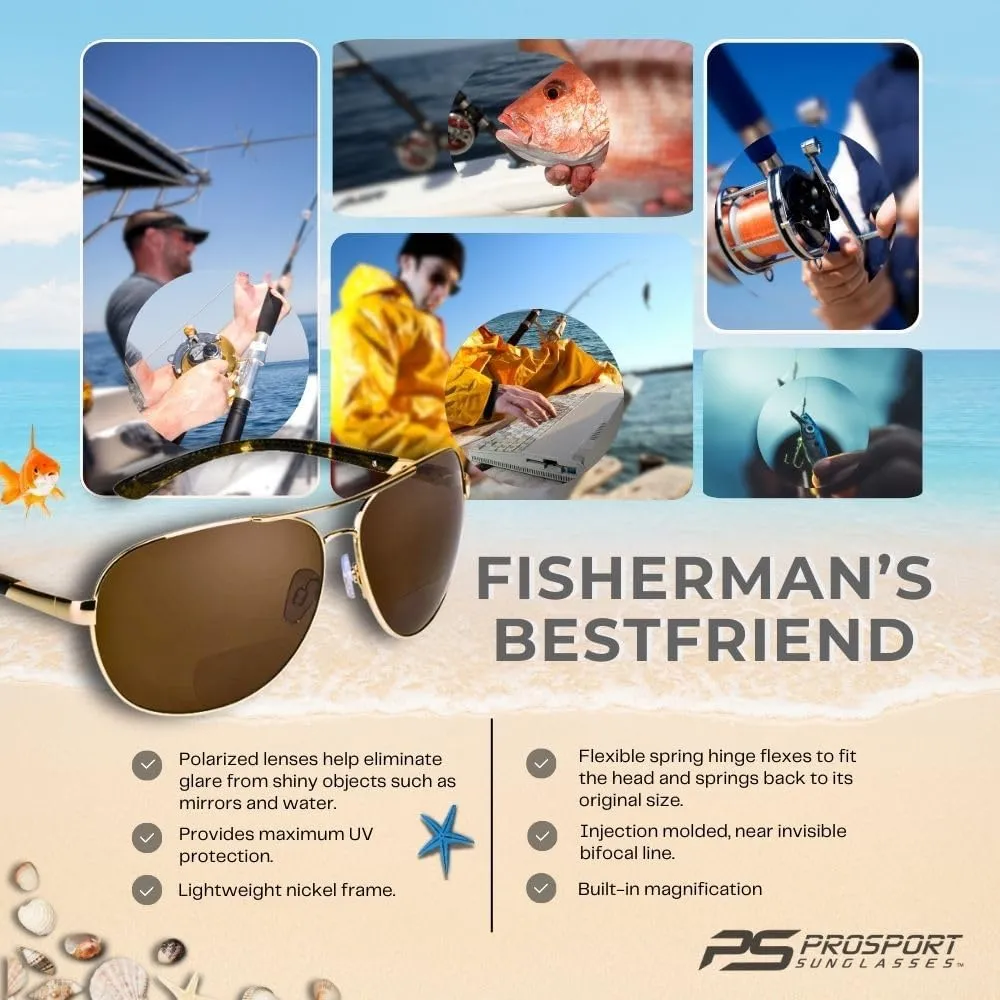 proSPORT Aviator Polarized Bifocal Sunglass Readers Men Women Deep Sea Fishing Spring Hinge Med - XL Heads