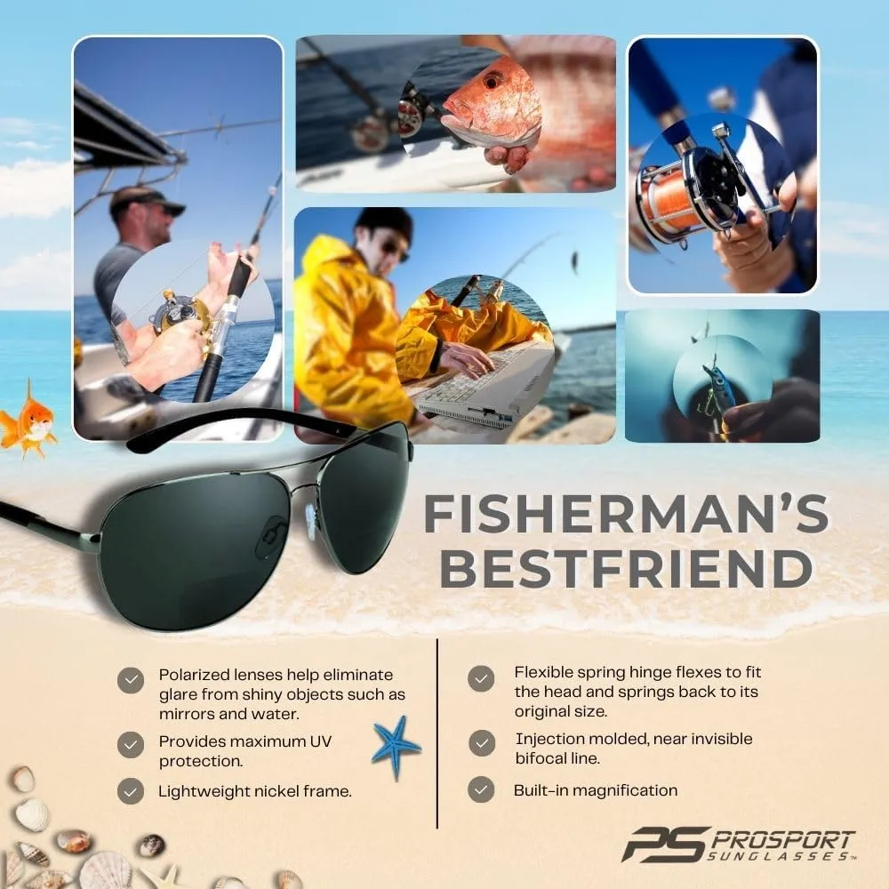 proSPORT Aviator Polarized Bifocal Sunglass Readers Men Women Deep Sea Fishing Spring Hinge Med - XL Heads