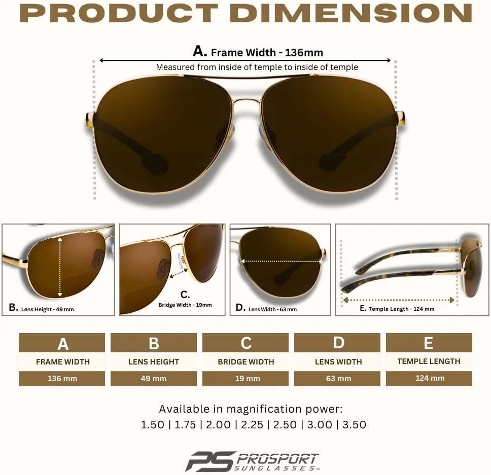 proSPORT Aviator Polarized Bifocal Sunglass Readers Men Women Deep Sea Fishing Spring Hinge Med - XL Heads