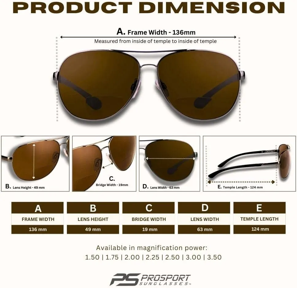 proSPORT Aviator Polarized Bifocal Sunglass Readers Men Women Deep Sea Fishing Spring Hinge Med - XL Heads