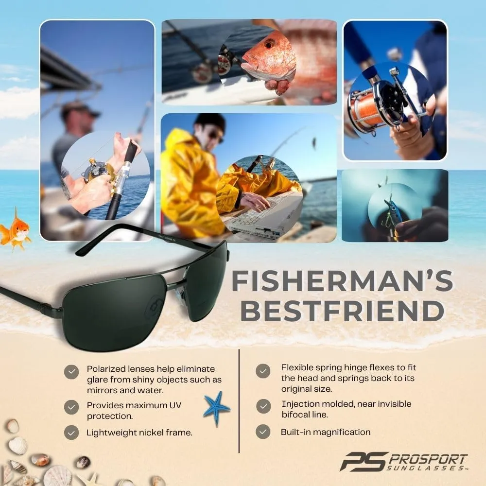 proSPORT Square Aviator Polarized Bifocal Sunglasses Readers Rectangle Fishing Driving Boating Metal Dark Grey Men Women
