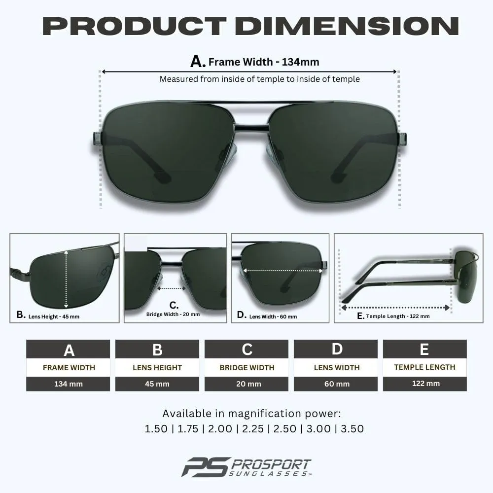 proSPORT Square Aviator Polarized Bifocal Sunglasses Readers Rectangle Fishing Driving Boating Metal Dark Grey Men Women