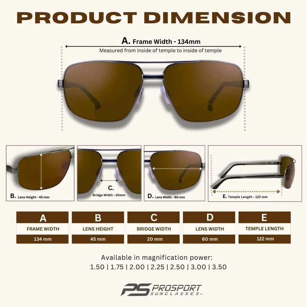 proSPORT Square Aviator Polarized Bifocal Sunglasses Readers Rectangle Fishing Driving Boating Metal Dark Grey Men Women