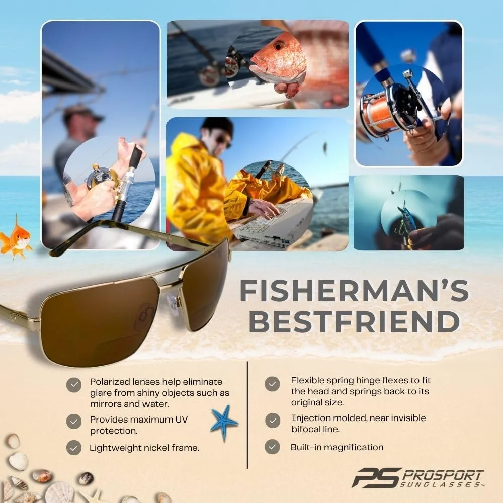 proSPORT Square Aviator Polarized Bifocal Sunglasses Readers Rectangle Fishing Driving Boating Metal Dark Grey Men Women