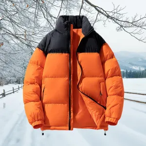 Puffer Jacket Unisex Stand Collar Zip Up Jacket Quilted Down Fleece Coat Loose Fit Warm Coat Tops with Zipper Pockets