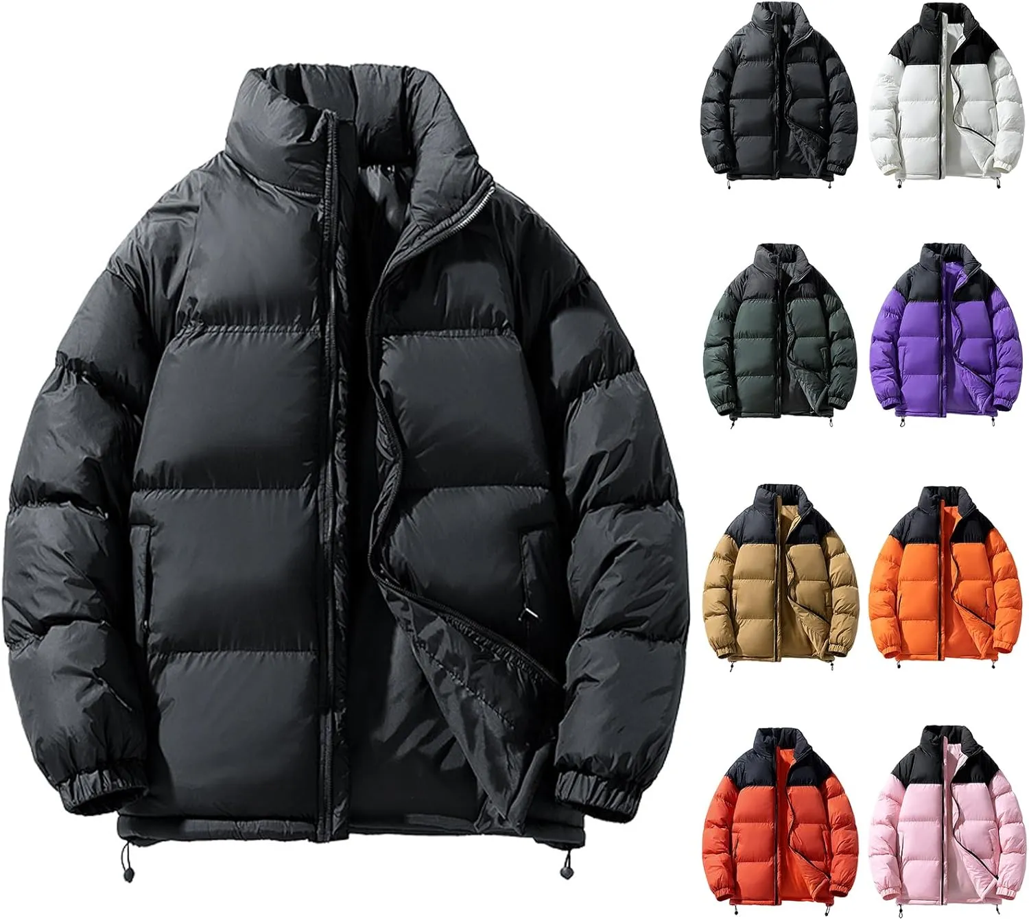 Puffer Jacket Unisex Stand Collar Zip Up Jacket Quilted Down Fleece Coat Loose Fit Warm Coat Tops with Zipper Pockets