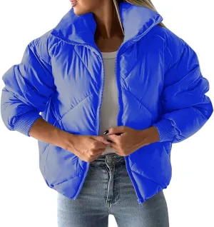 Quilted Puffer Jacket for Women Casual Puffy Zip Up Jackets with Pockets Warm Winter Padded Down Coats Outerwear