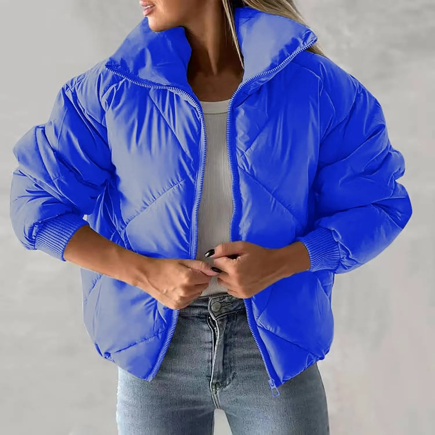 Quilted Puffer Jacket for Women Casual Puffy Zip Up Jackets with Pockets Warm Winter Padded Down Coats Outerwear