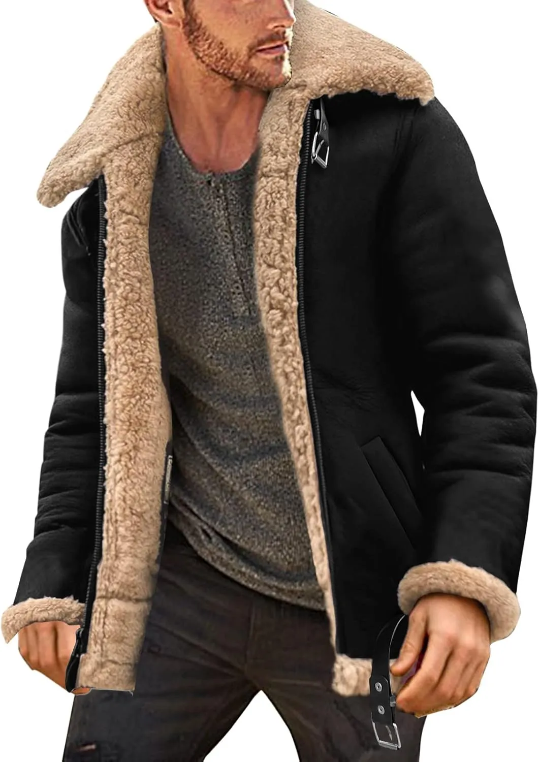 QWENTMTNTY Men's Classic Sherpa Lined Faux Leather Jacket Slim Fit Shearling Sheepskin Aviator Bomber Jacket Winter Stylish Thick Coat