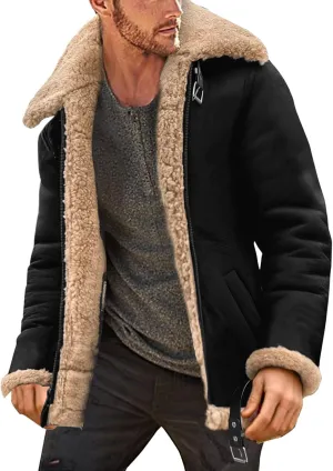 QWENTMTNTY Men's Classic Sherpa Lined Faux Leather Jacket Slim Fit Shearling Sheepskin Aviator Bomber Jacket Winter Stylish Thick Coat