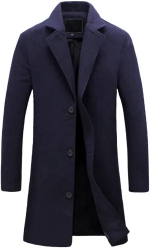 QWENTMTNTY Men's Winter Wool Trench Coat Slim Fit Notch Collar Single Brested Pea Coats Casual Business Warm Thermal Jackets