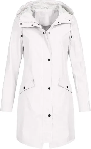 Raincoat for Women Waterproof Long Hooded Trench Coats Zip Up Button Workout Windbreaker Lightweight Travel Jacket